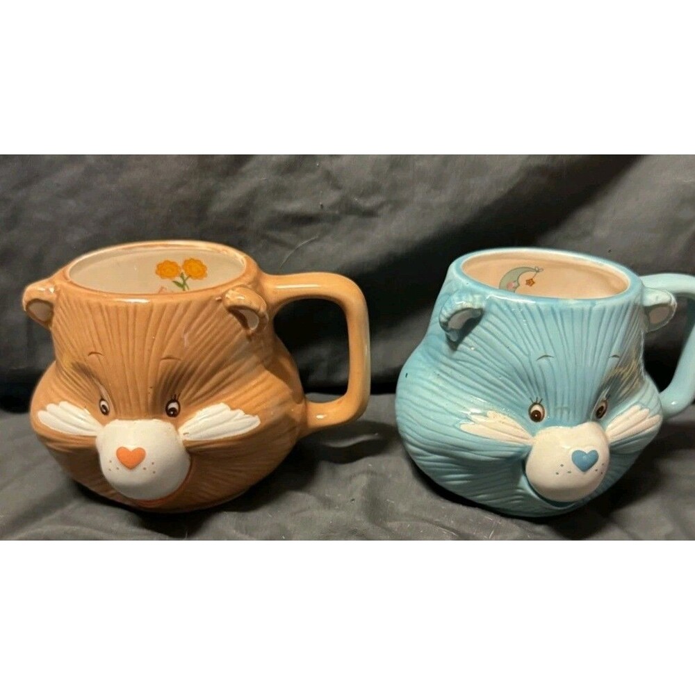 Vintage 1985 Care Bears Friend Bear & Bedtime Bear Ceramic Face Mugs Lot of 2